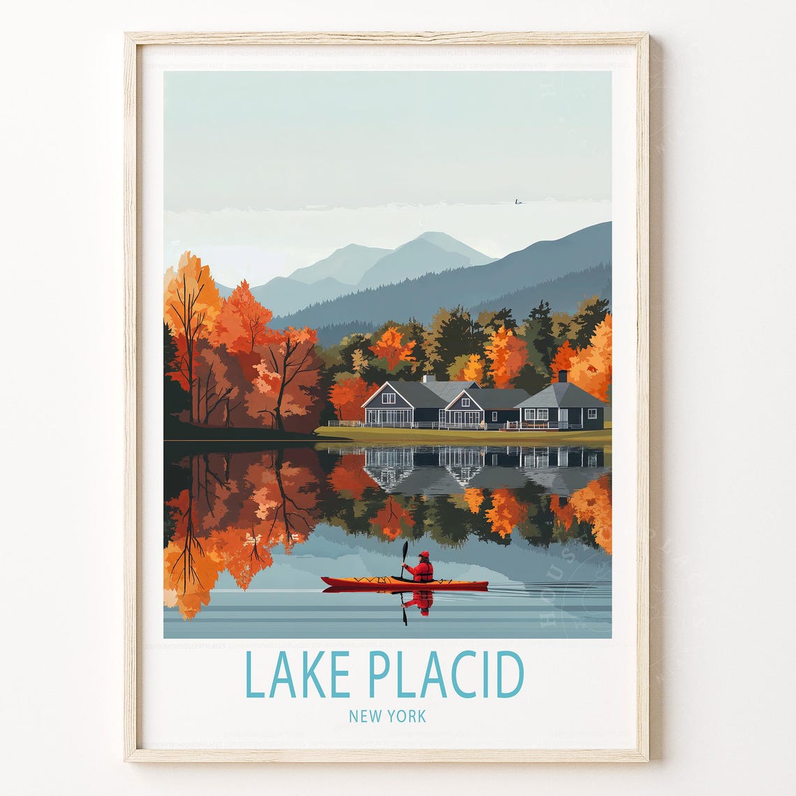 Lake Placid New York Fall Kayaker Lake Reflection Travel Poster
