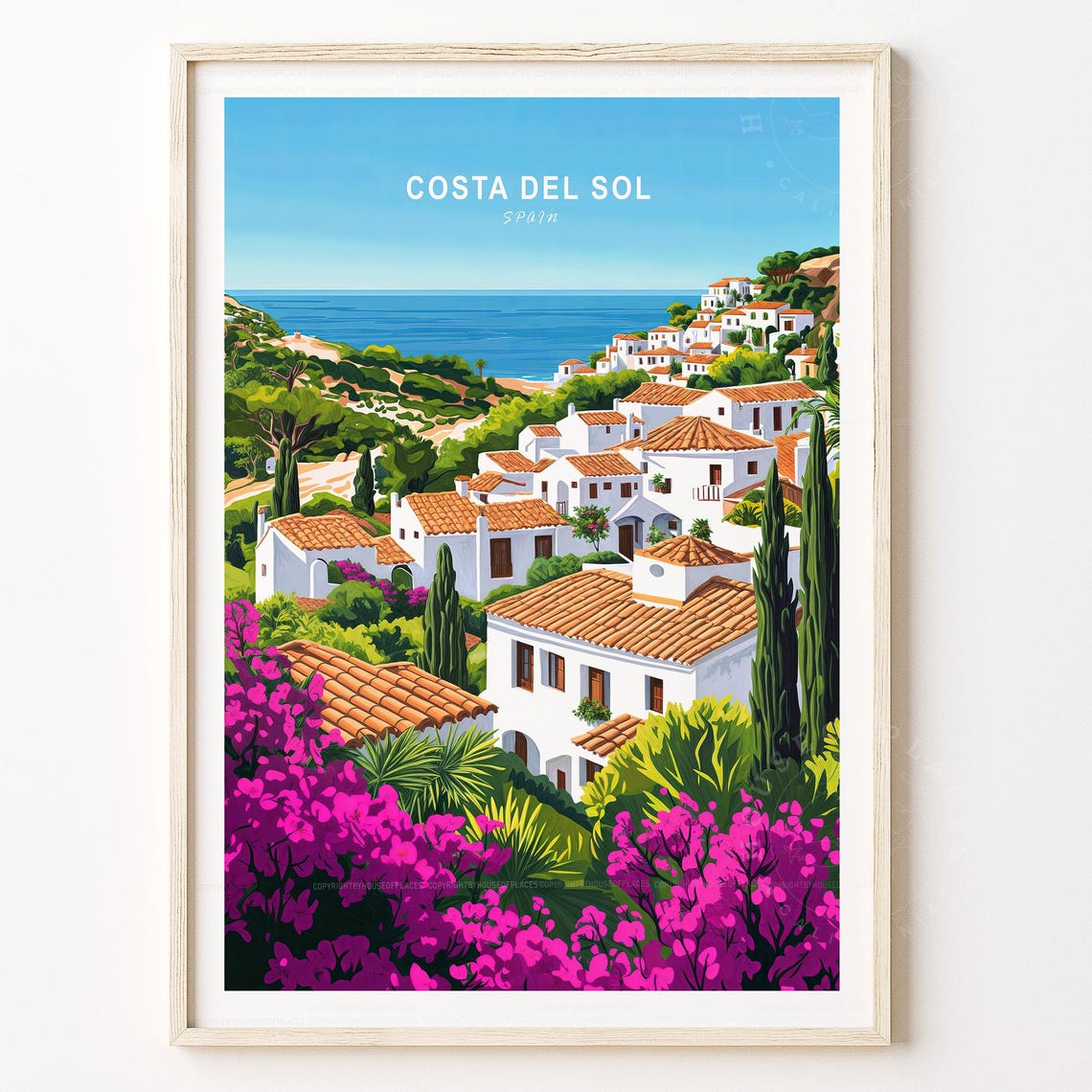 Costa del Sol Spain Coastal Hillside Villas Blue Sky Travel Style Poster