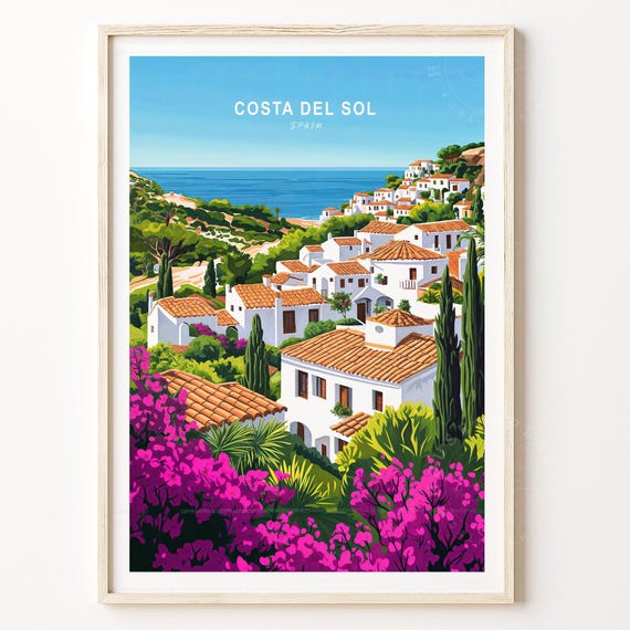 Costa del Sol Spain Coastal Hillside Villas Blue Sky Travel Style Poster