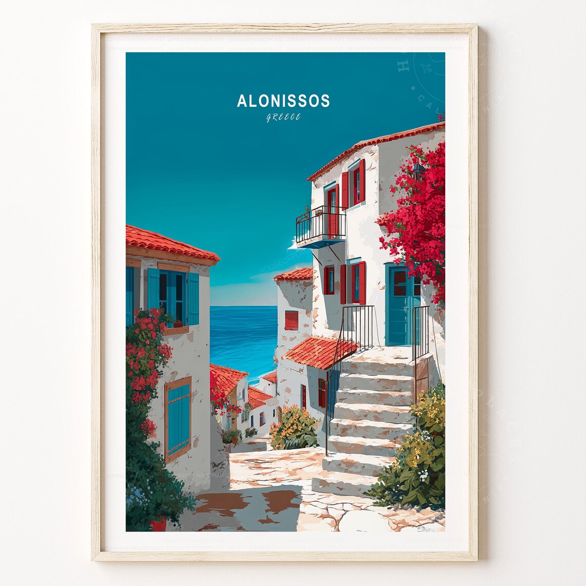 Alonissos Greece Island Street Blue Shutters Aegean View Travel Poster