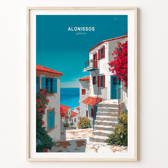 Alonissos Greece Island Street Blue Shutters Aegean View Travel Poster