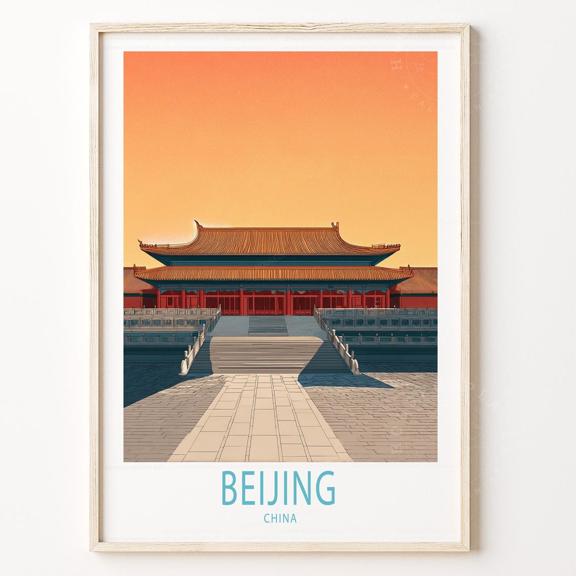 Beijing China Forbidden City Travel Poster Palace Hall Sunset Sky