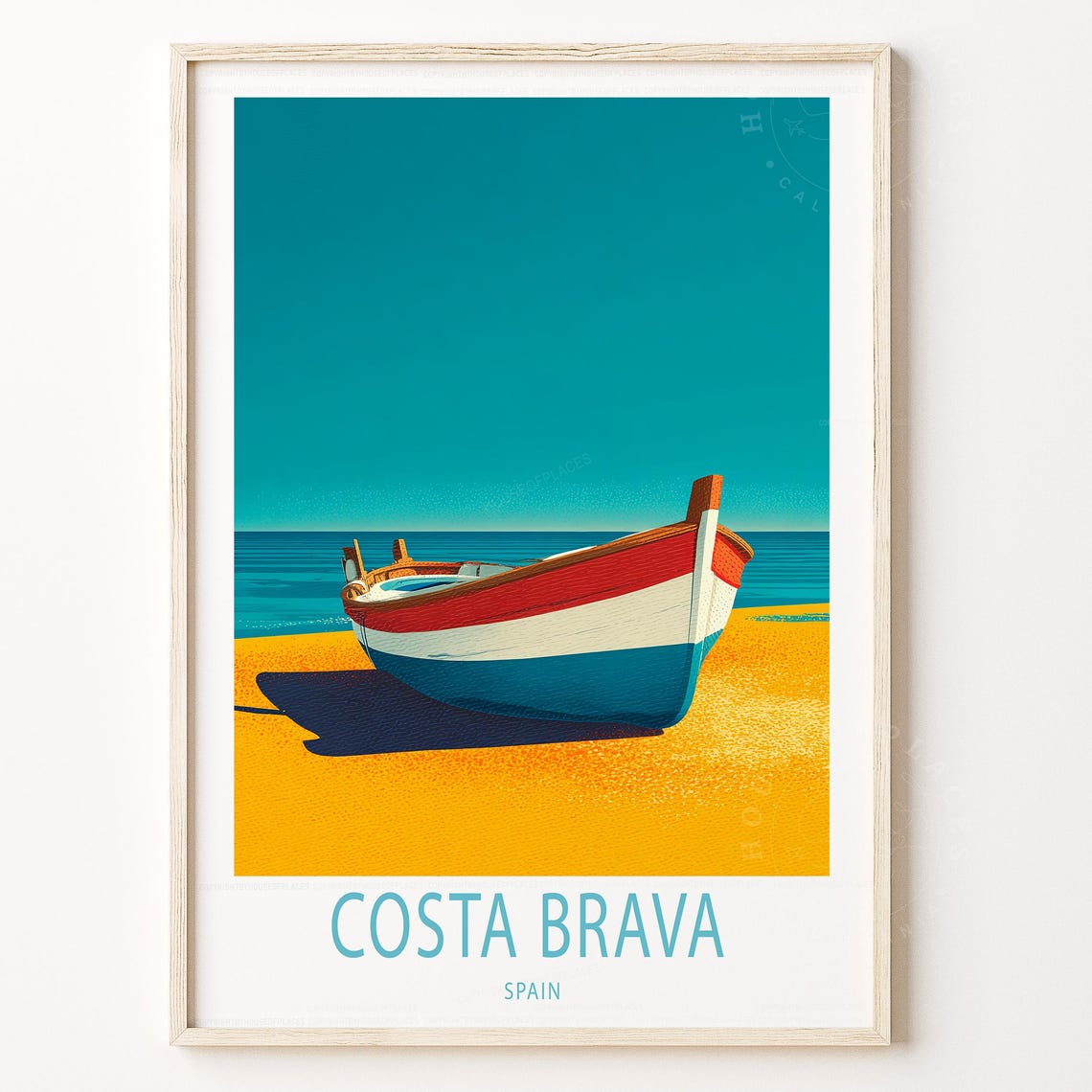Costa Brava Spain Red White Blue Boat Yellow Sand Beach Poster