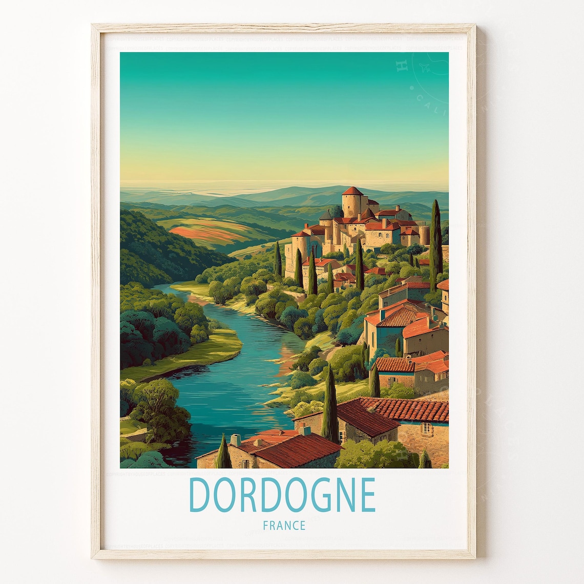 Dordogne France River Valley Hilltop Village Sunset Travel Poster