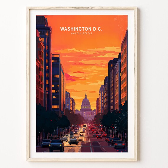 Washington DC Sunset City Street Capitol Dome Skyline Travel Poster