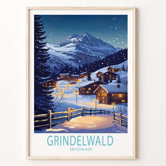 Grindelwald Switzerland Snowy Village Night Winter Travel Poster
