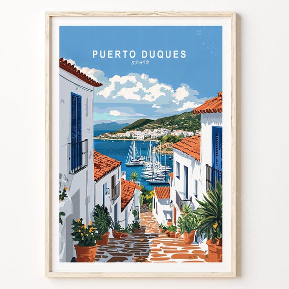 Puerto Duques Spain White Village Marina Sailboats Retro Travel Poster