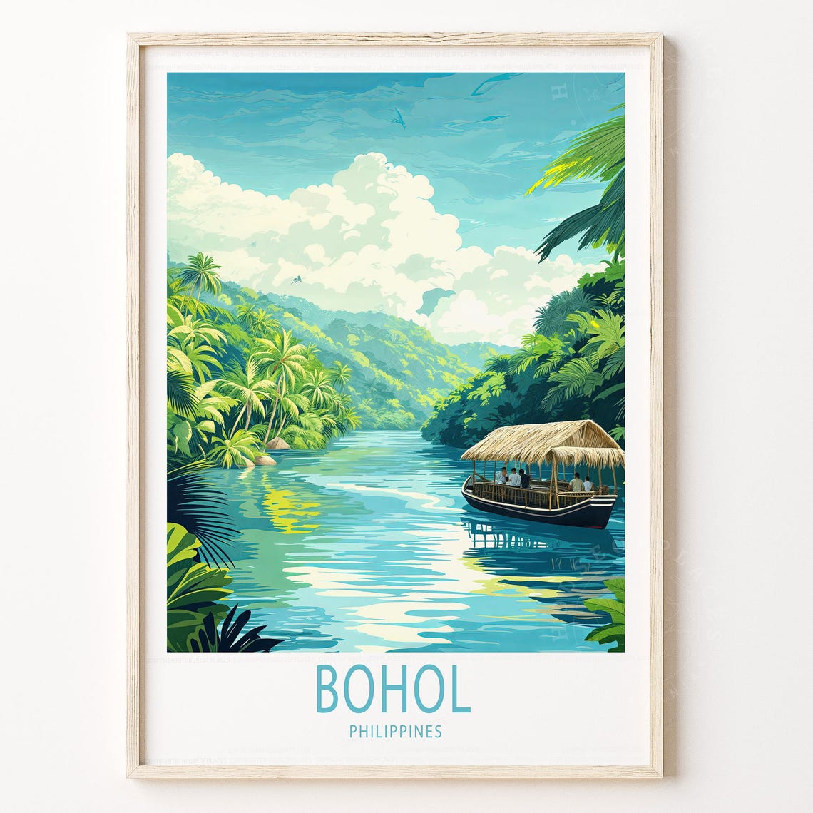 Bohol Philippines River Boat Tropical Jungle Vintage Travel Poster