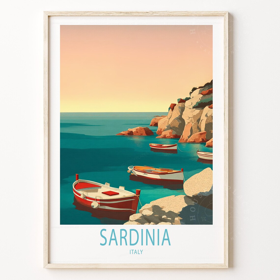 Sardinia Italy Red Fishing Boats Turquoise Cove Sunset Travel Poster