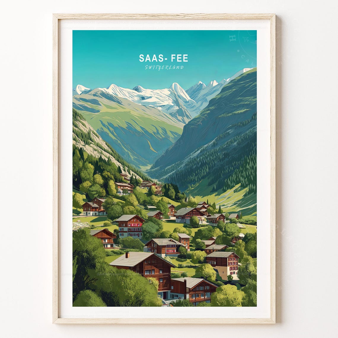 Saas Fee Switzerland Green Valley Chalets Glacier Peaks Travel Poster