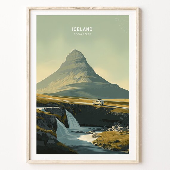 Iceland Kirkjufell Peak Falls Vintage Adventure Travel Poster