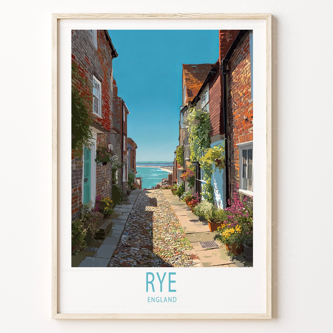 Rye England Cobbled Lane Flower Cottages Sea Vintage Travel Poster