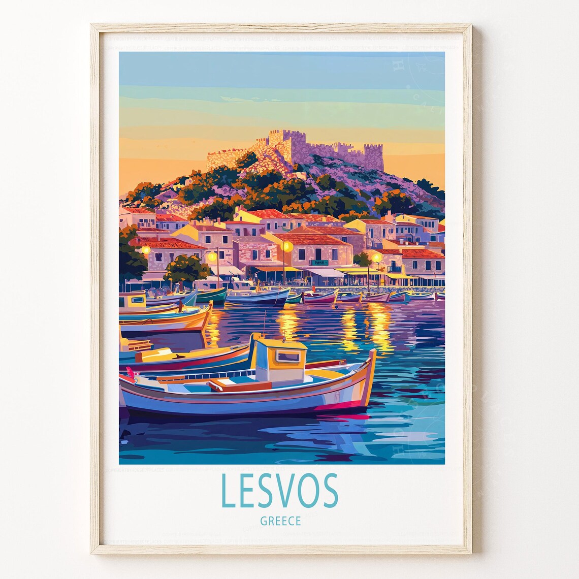 Lesvos Greece Harbor Sunset Castle Hill Travel Poster Fishing Boats