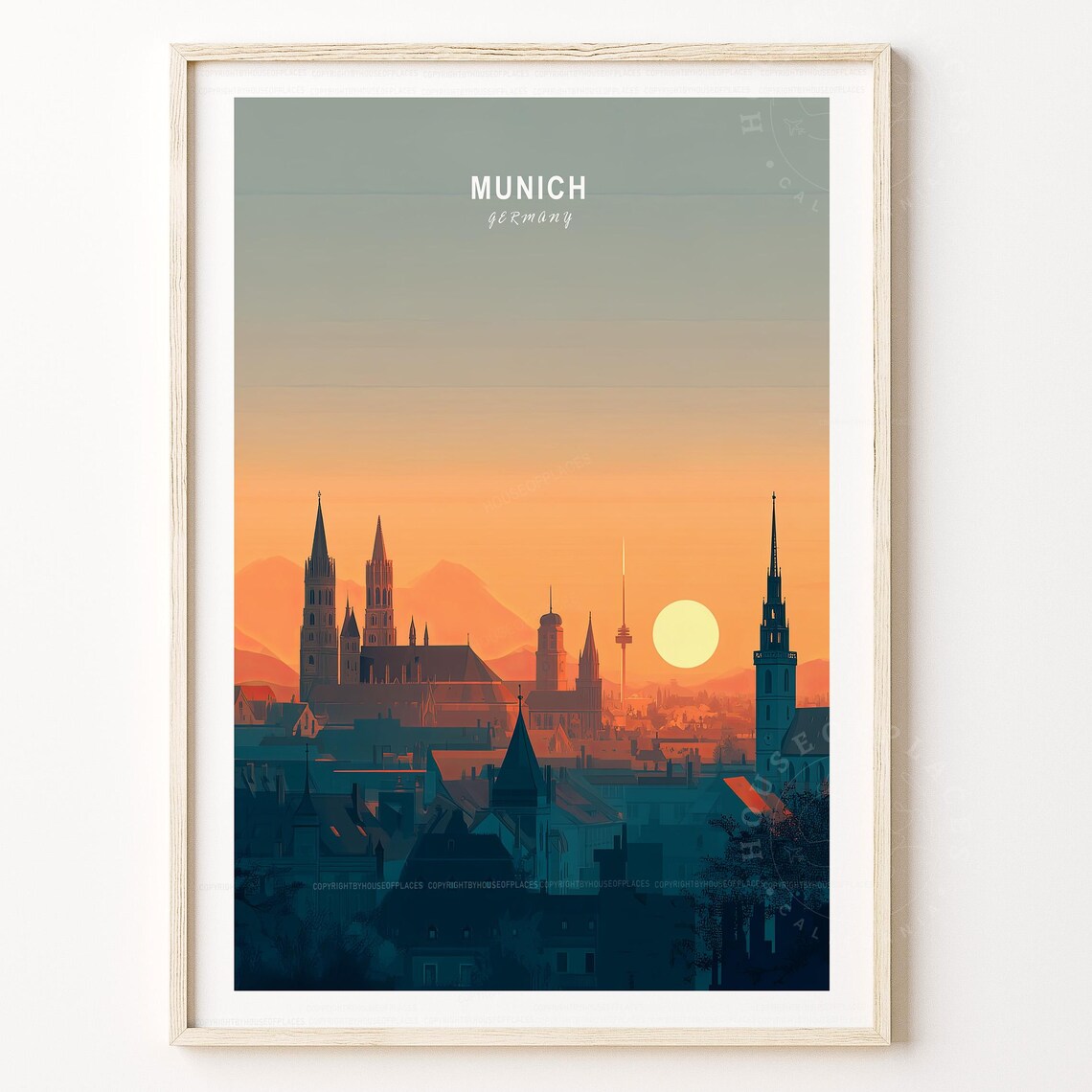 Munich Germany Sunset Skyline Modern Minimalist City Travel Art Poster