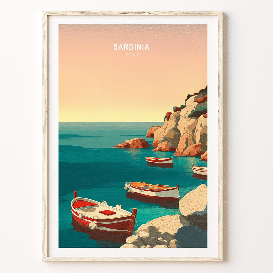 Sardinia Italy Sunset Harbour Boats Mediterranean Coast Travel Poster