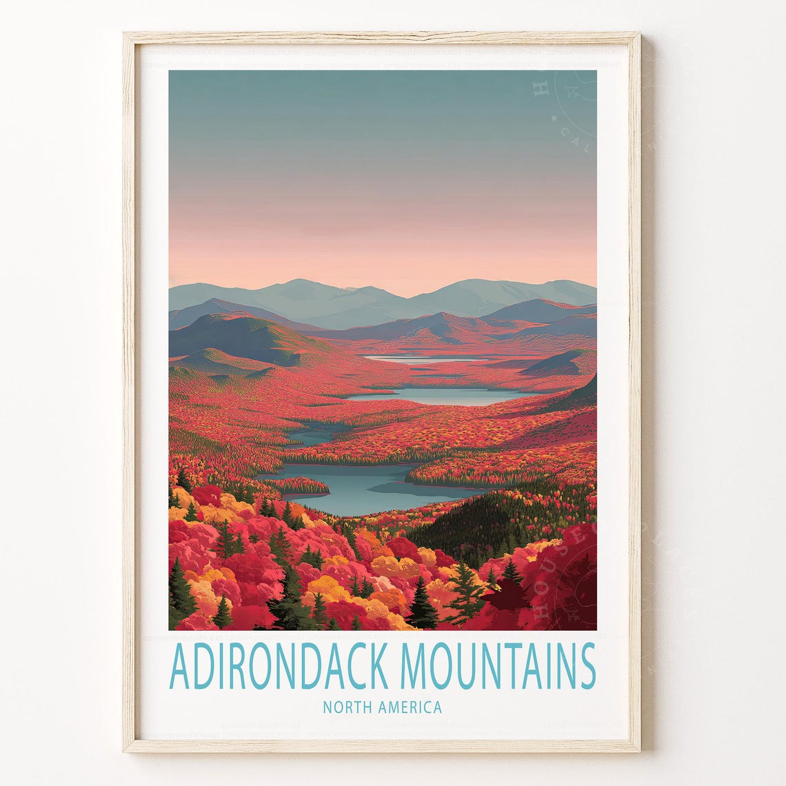 Adirondack Mountains Fall Foliage Lakes Vintage Travel Poster