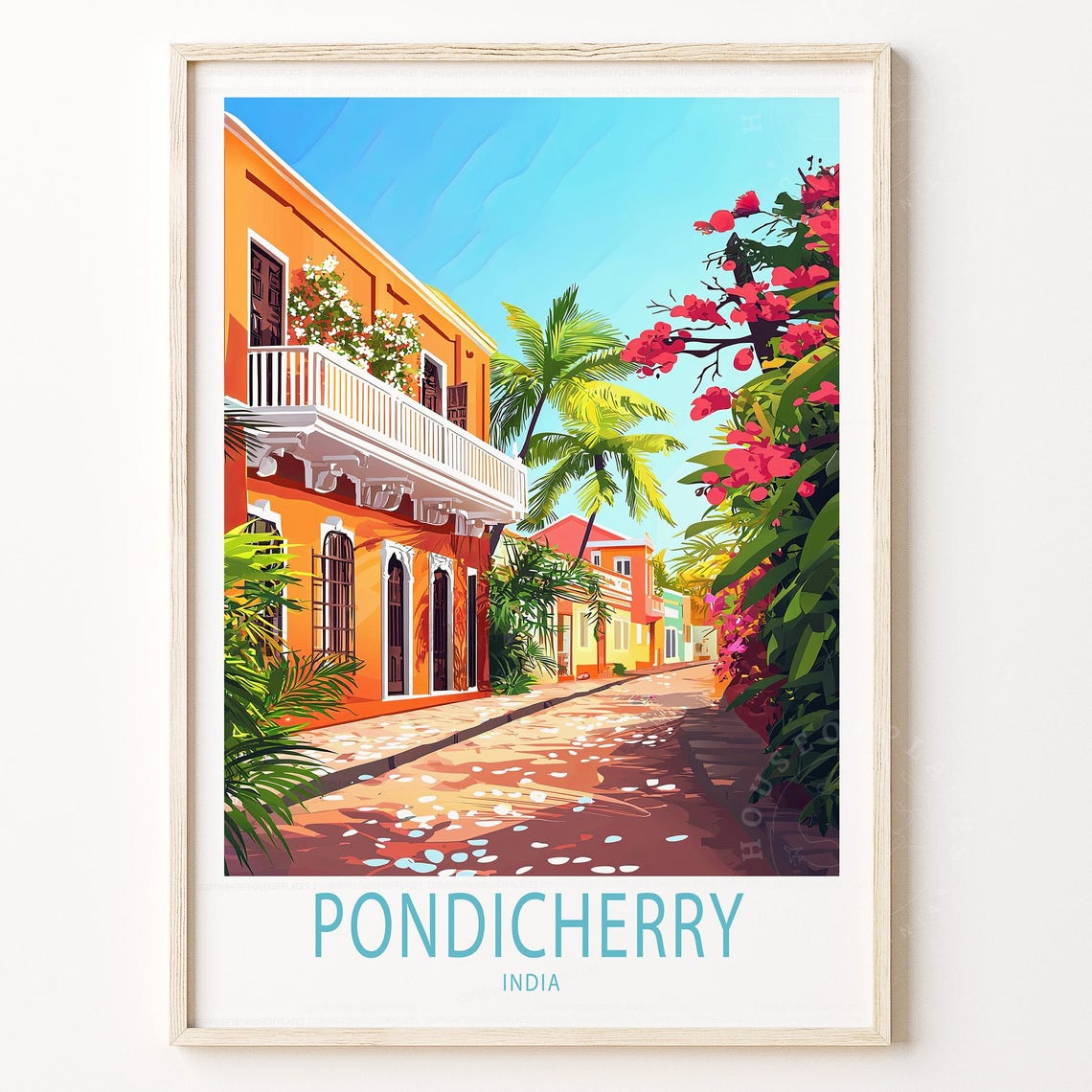 Pondicherry India Colonial Street Palms Flowering Trees Travel Poster