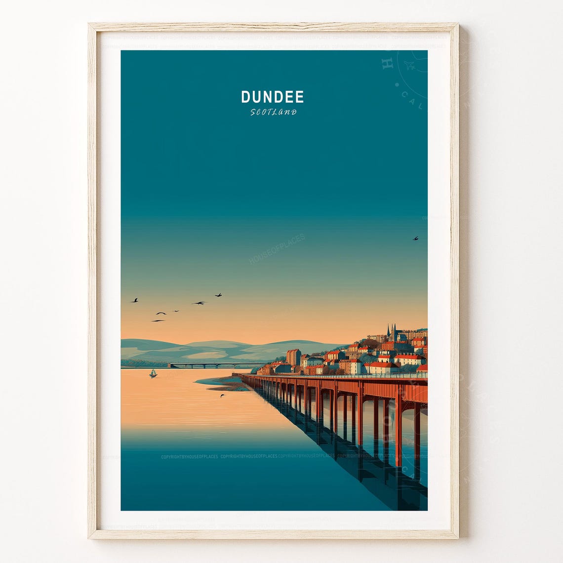 Dundee Scotland Sunset Skyline River Bridge Retro Travel Poster