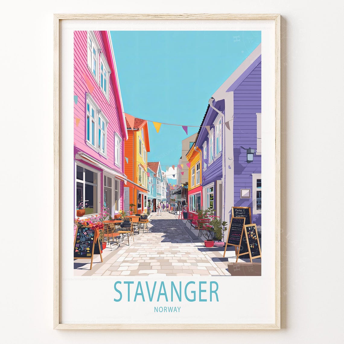 Stavanger Norway Cobblestone Street Cafes Pink Purple Travel Poster