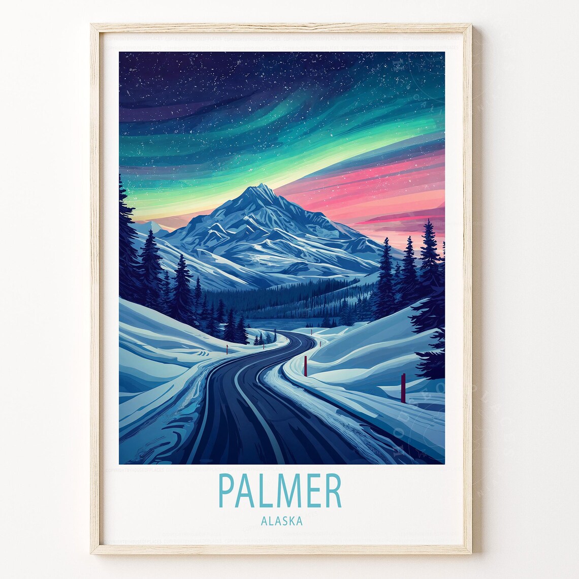 Palmer Alaska Northern Lights Mountain Snow Aurora Travel Poster