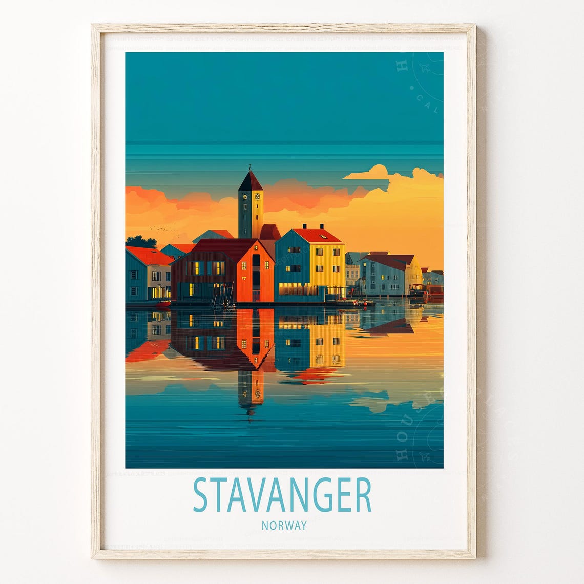 Stavanger Norway Old Harbor Golden Sunset Reflection Art Poster