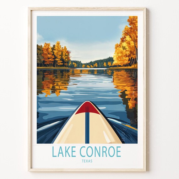 Lake Conroe Texas Autumn Canoe On Golden Lake Scenic Travel Poster