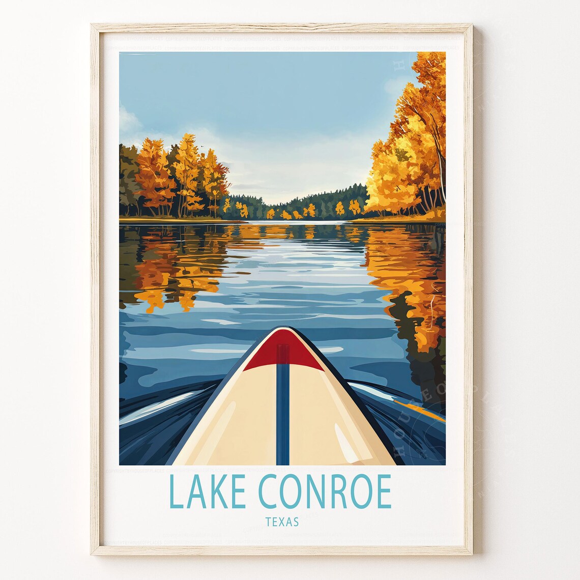 Lake Conroe Texas Autumn Canoe On Golden Lake Scenic Travel Poster