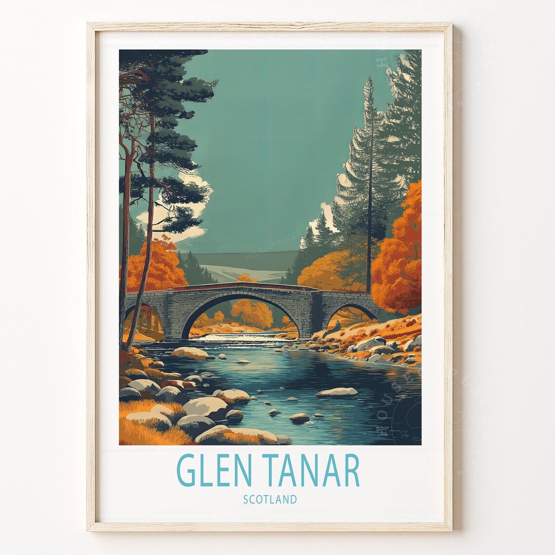 Glen Tanar Scotland Autumn River Bridge Retro Travel Art Poster