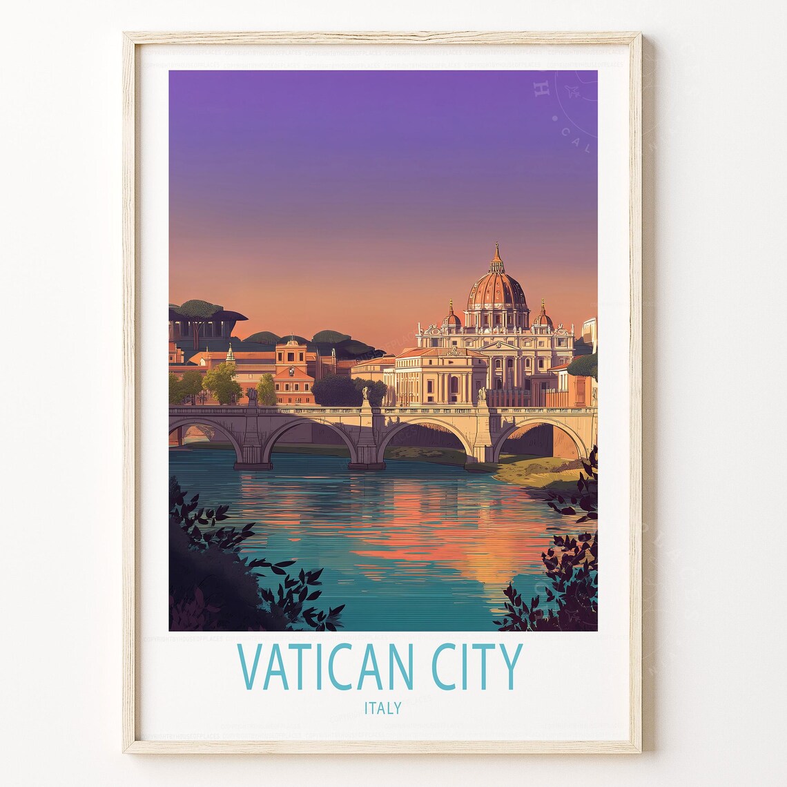 Vatican City Italy St Peters Basilica Sunset Tiber Vintage Poster