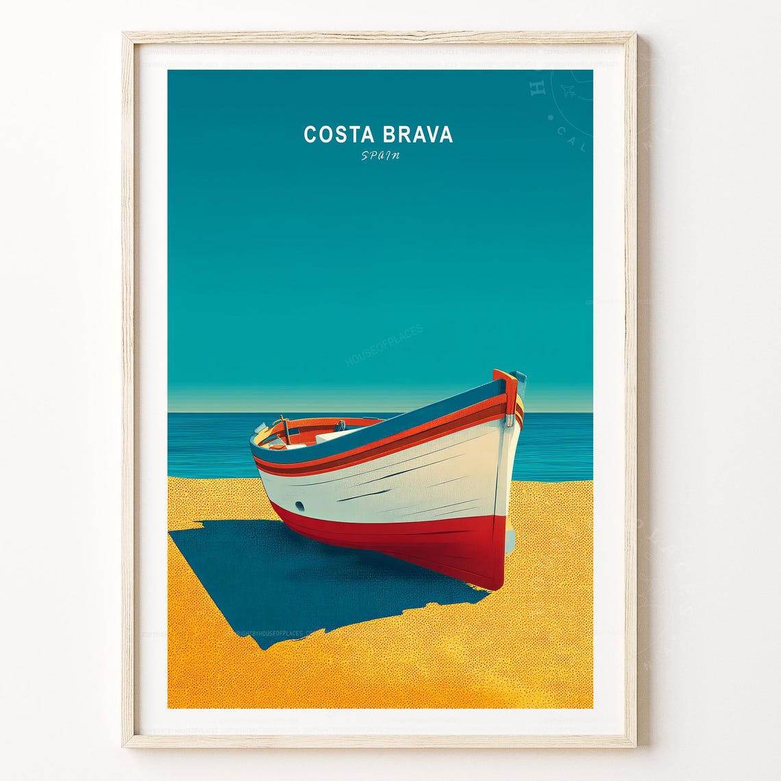 Costa Brava Spain Teal Sky Wooden Fishing Boat Sunny Beach Poster