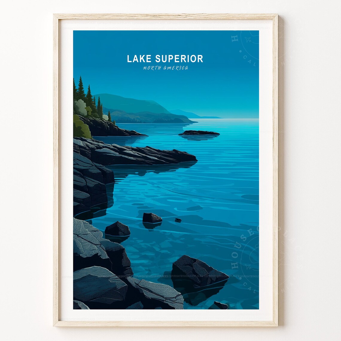 Lake Superior North America Calm Lake Pines Vintage Travel Poster