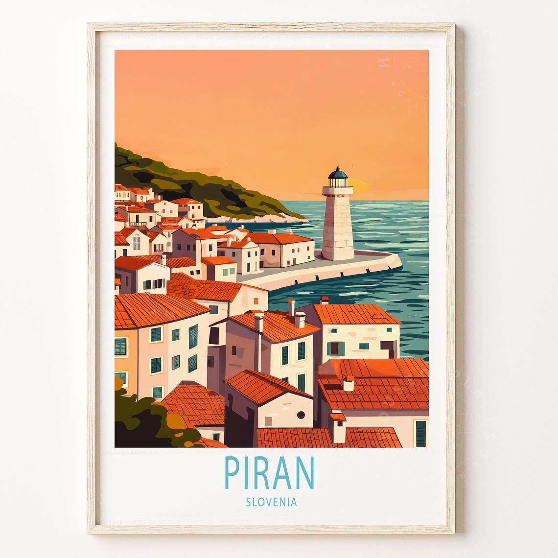 Piran Slovenia Coastal Lighthouse Old Town Sunset Travel Poster