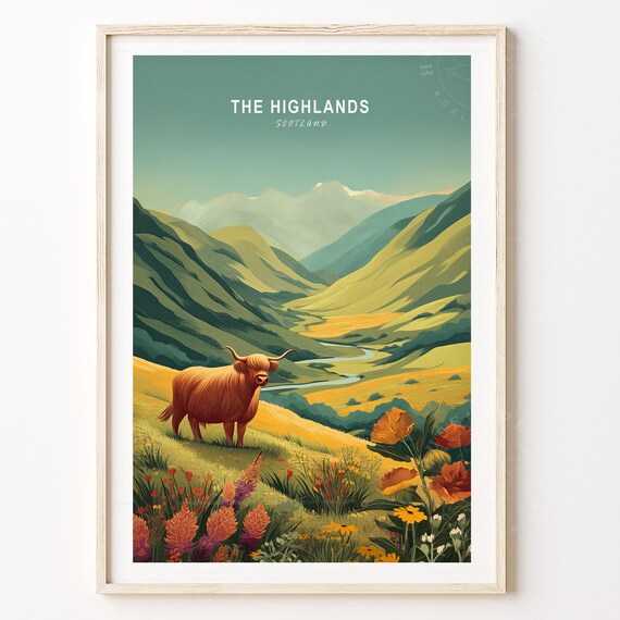 The Highlands Scotland Highland Cow Hillside Blooms Travel Poster