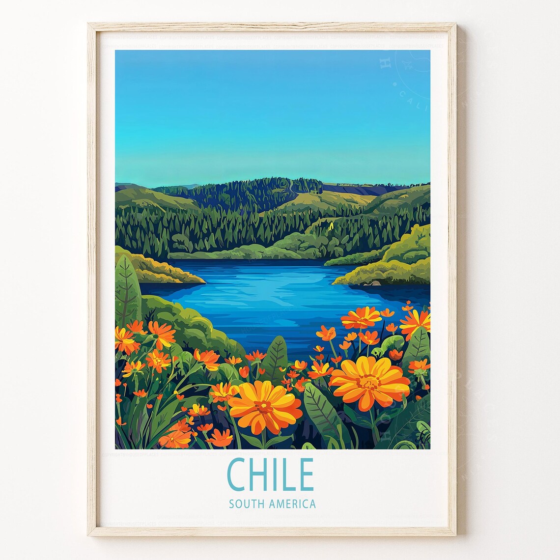 Chile South America Lake and Wildflowers Vintage Travel Poster