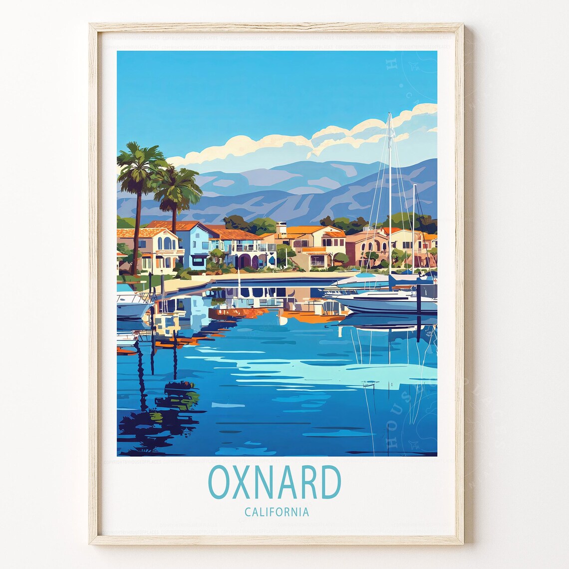 Oxnard California Harbor Marina Sailboats Palm Trees Scenic Poster