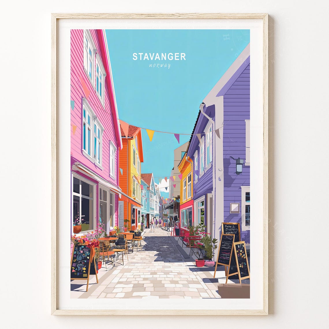 Stavanger Norway Pastel Wooden Houses Old Town Lane Travel Poster