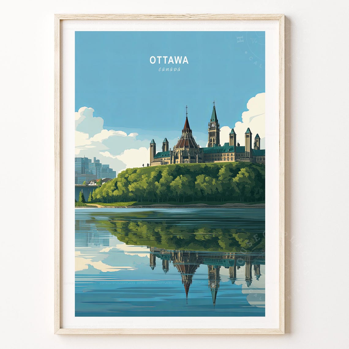 Ottawa Canada Parliament Reflection Calm Blue Sky Travel Poster