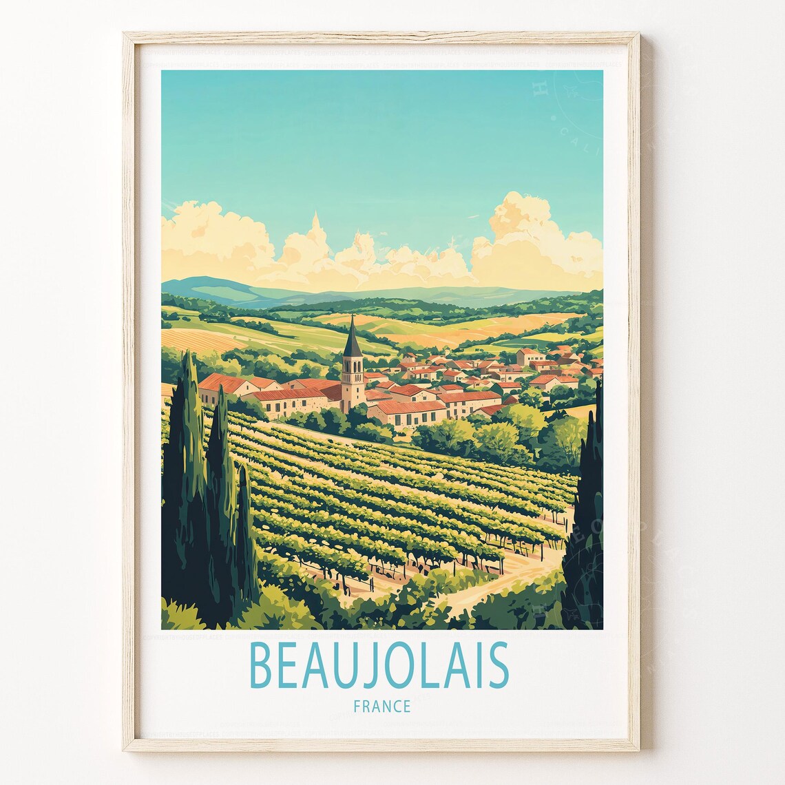 Beaujolais France Vineyard Village Rolling Hills Retro Travel Poster