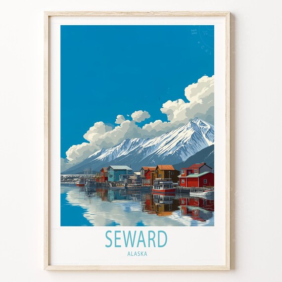 Seward Alaska Harbor Reflection Boats Mountain Lake Travel Poster
