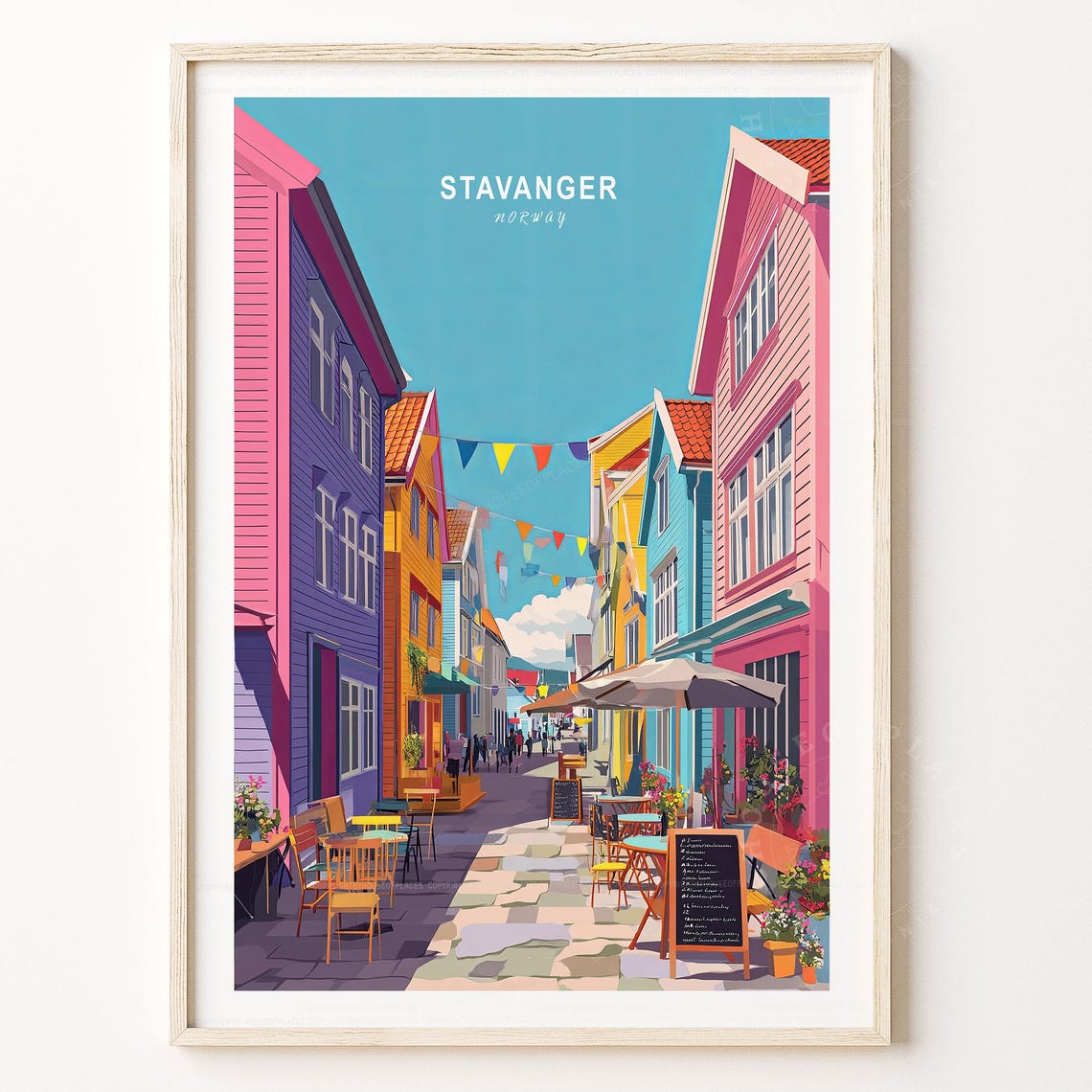 Stavanger Norway Bright Painted Houses Cafe Street Travel Poster