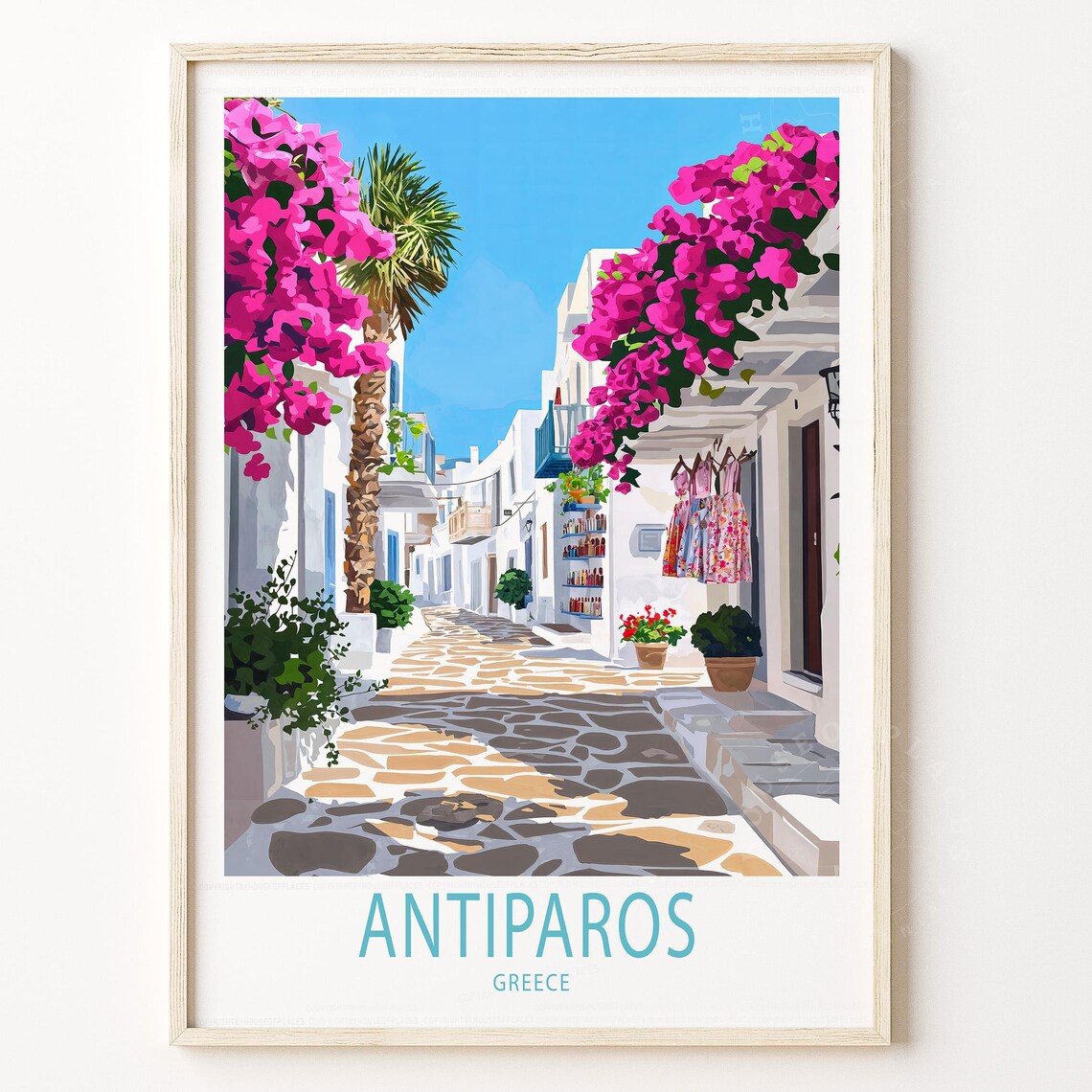 Antiparos Greece Whitewashed Alley Pink Bougainvillea Travel Poster