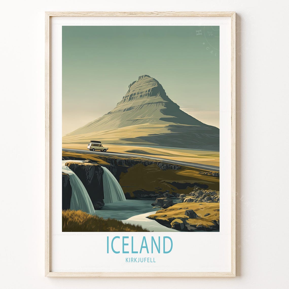 Iceland Kirkjufell Waterfall Campervan Road Vintage Travel Poster