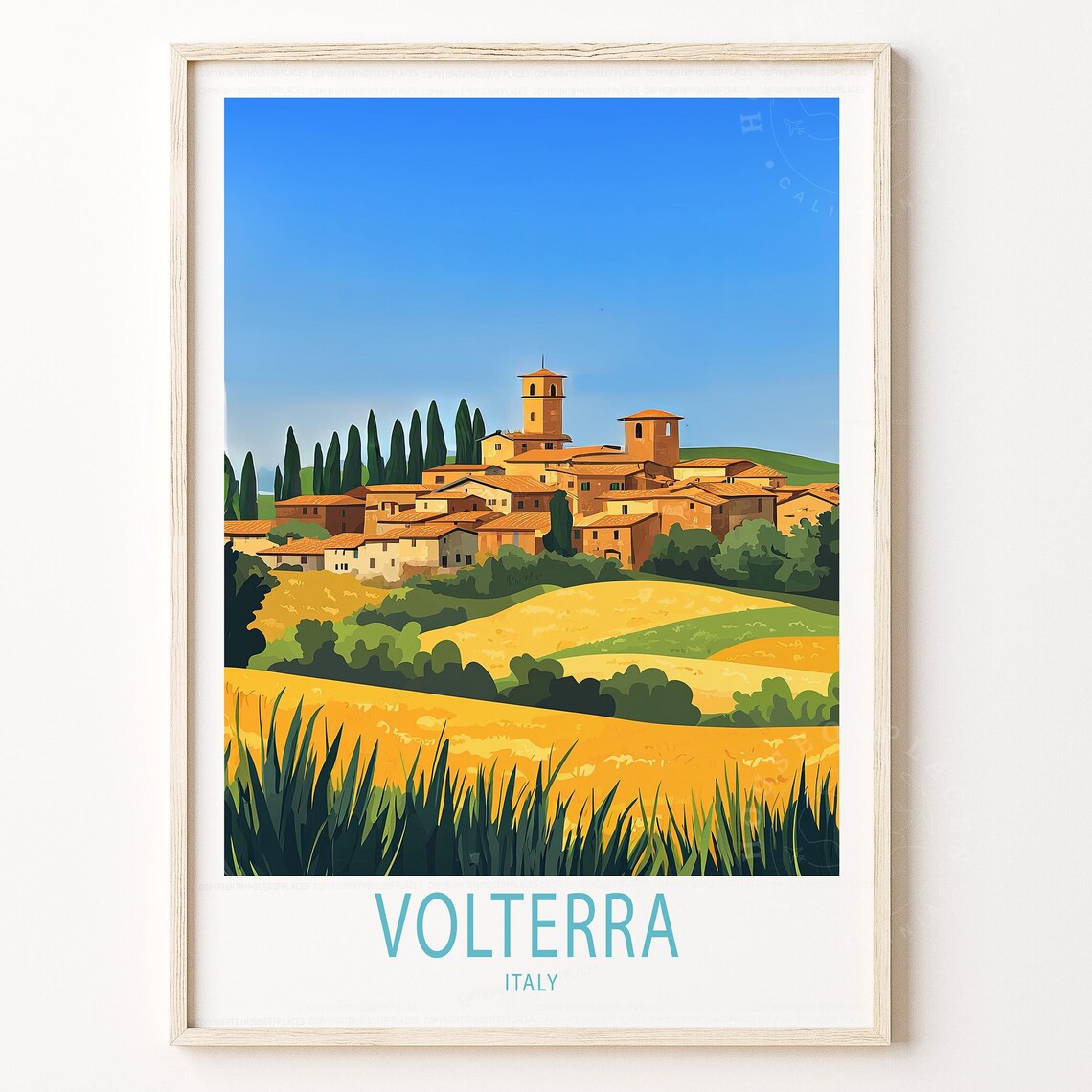 Volterra Italy Tuscan Hill Town Cypress Golden Fields Travel Poster