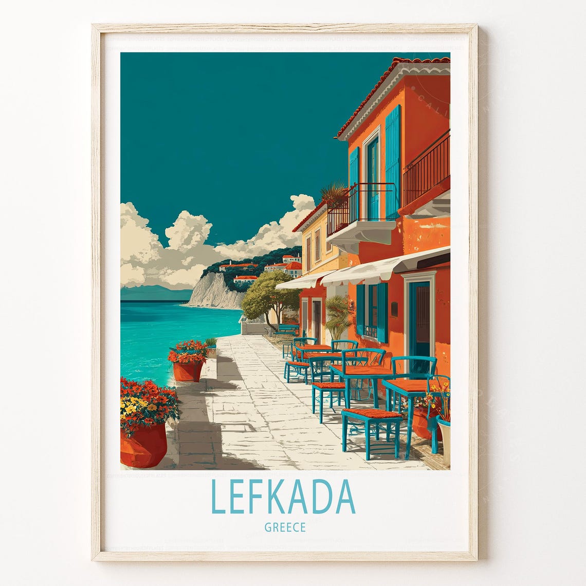 Lefkada Greece Seaside Promenade Cafe Vintage Style Travel Poster
