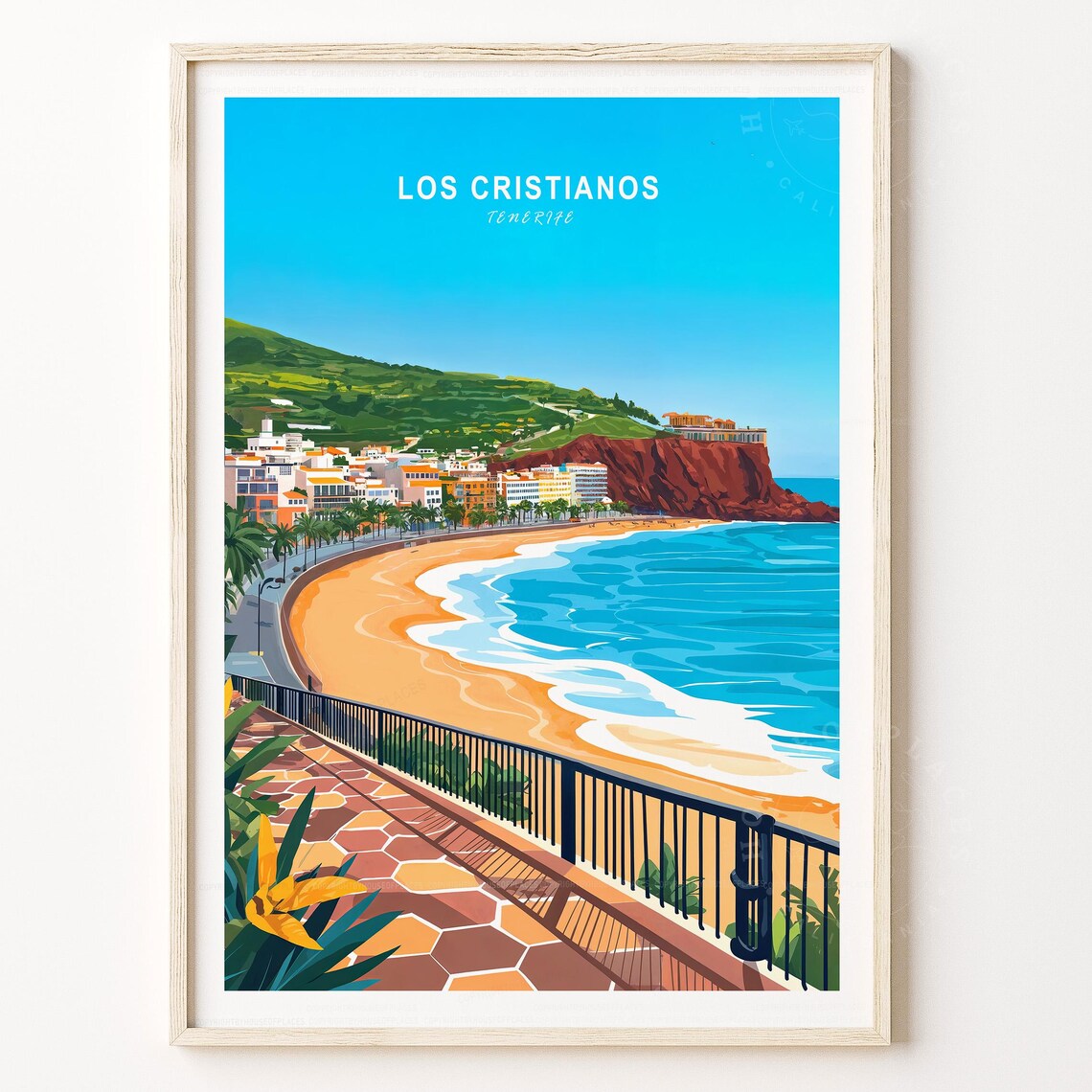 Los Cristianos Tenerife Beach Promenade Turquoise Waves Travel Poster