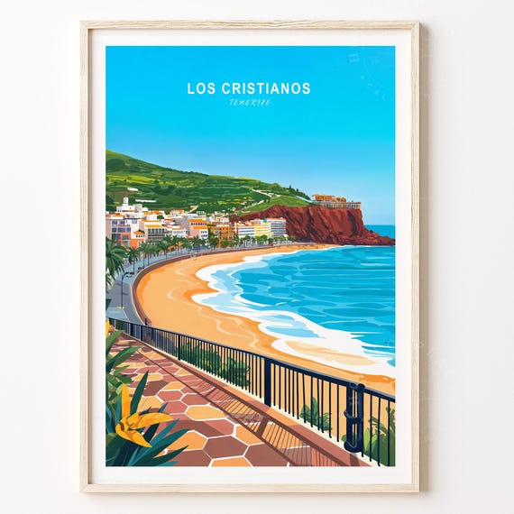Los Cristianos Tenerife Beach Promenade Turquoise Waves Travel Poster