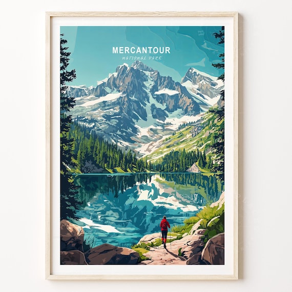 Mercantour National Park Alpine Lake Reflection Hiker Retro Travel Poster