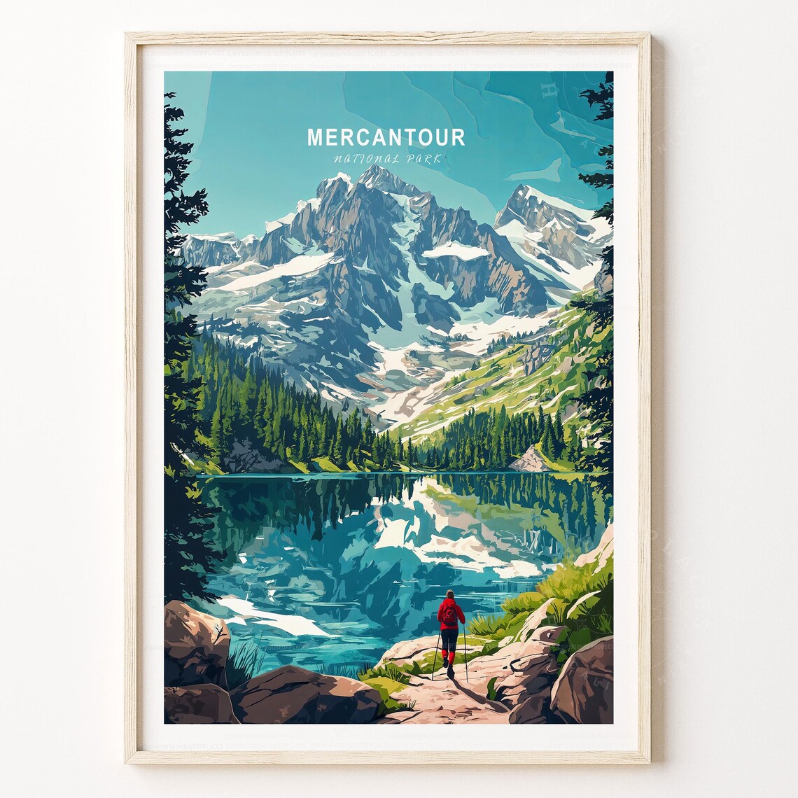 Mercantour National Park Alpine Lake Reflection Hiker Retro Travel Poster