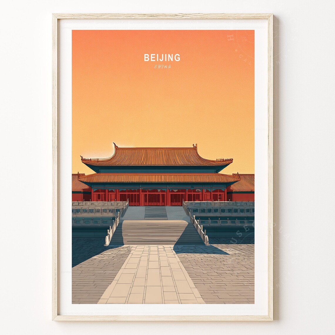 Beijing China Imperial Palace Travel Poster Forbidden City Sunset