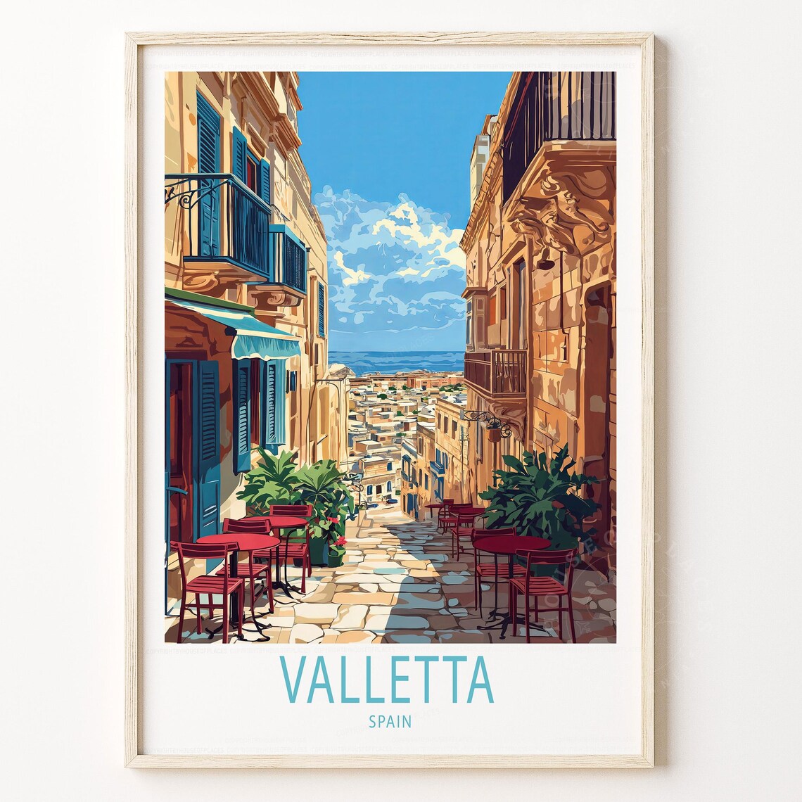 Valletta Spain Old Town Cobblestone Cafe Street Travel Poster